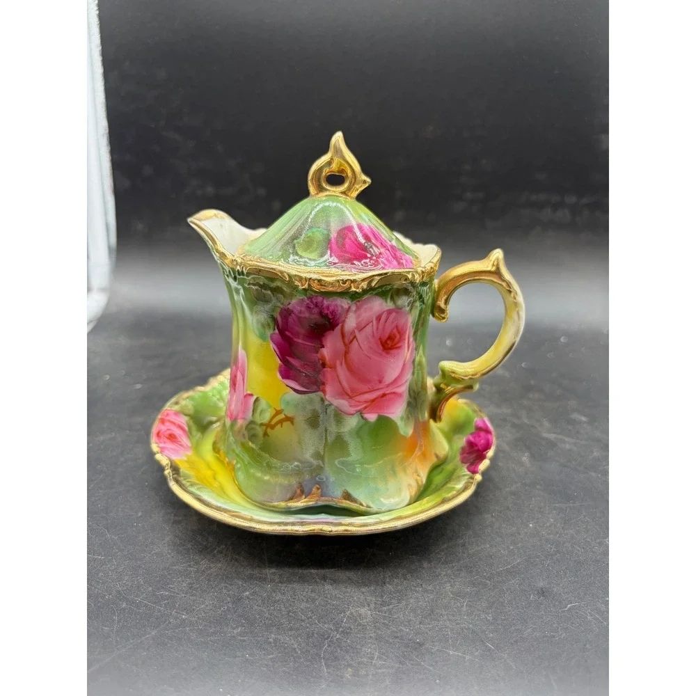 Vintage Hand Painted Porcelain Rose Creamer Pitcher with Saucer and Lid Gilt
